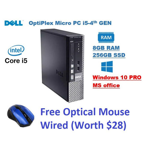 DELL OptiPlex 9020 Micro PC Computer - Intel Core i5-4th Gen/8GB RAM/256GB SSD/Windows 10 Pro/MS Office ( Refurbished)