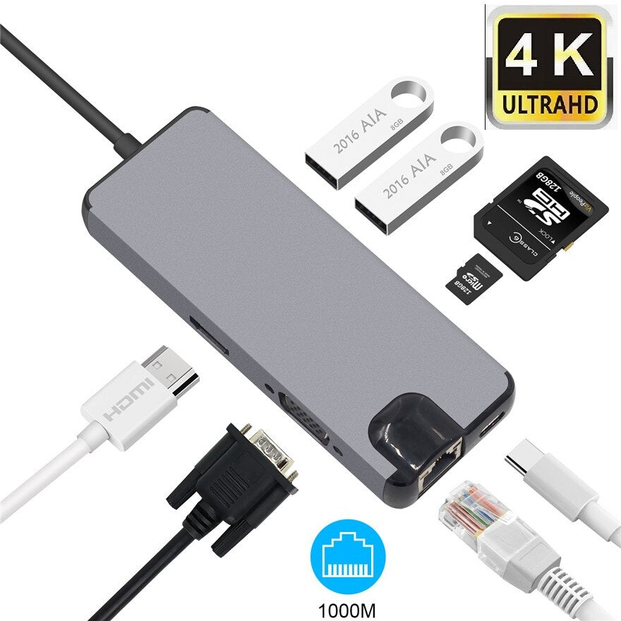 USB C Adapter 8 in 1 with 4K HDMI, Type C Charging Port, Ethernet, 3 USB 3.0 Ports, SD TF Card Reader